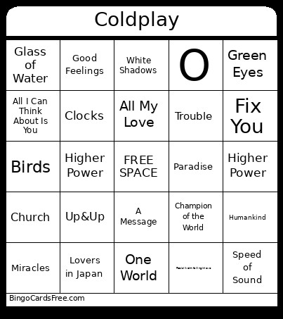 Coldplay Bingo Card
