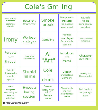 Cole's Gm-ing Bingo Card