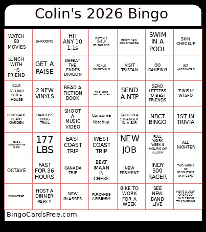 Colin's 2026 Bingo Card