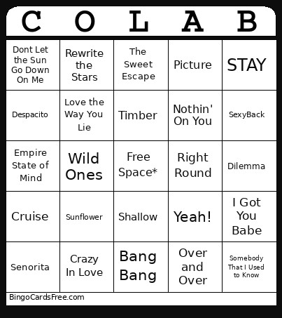 Collabs Music Bingo Card
