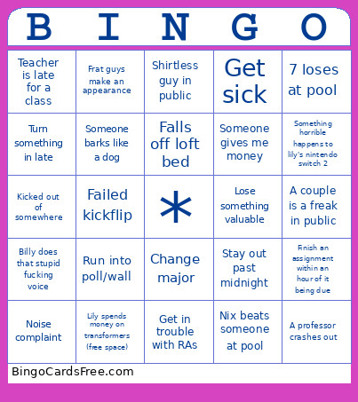 Collcollege Bingo Card