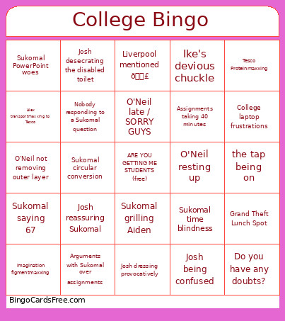 College Bingo Card