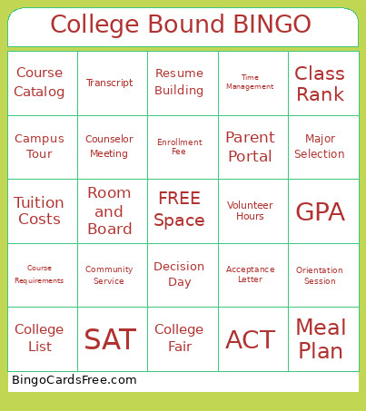 College Bound Bingo Card