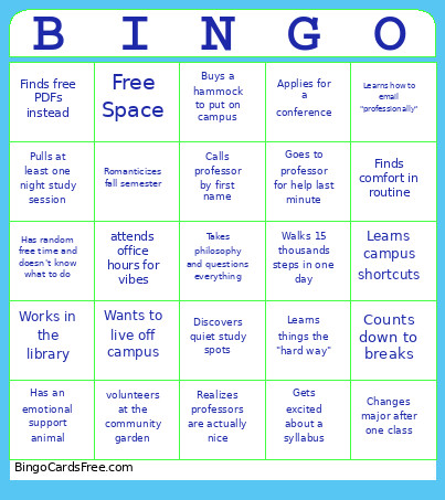 College Experience Bingo Card