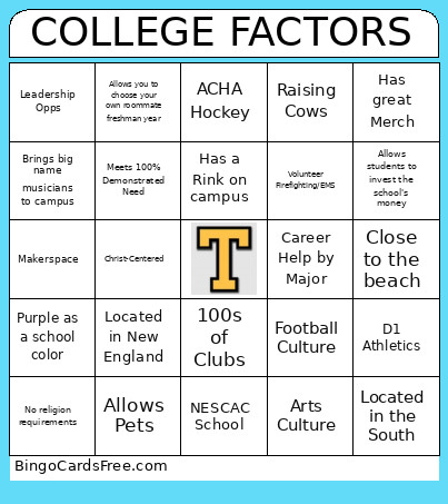 College Factors Bingo Card