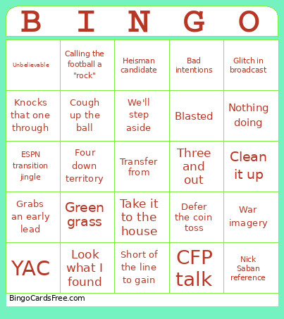 College Football Cliche Bingo Card