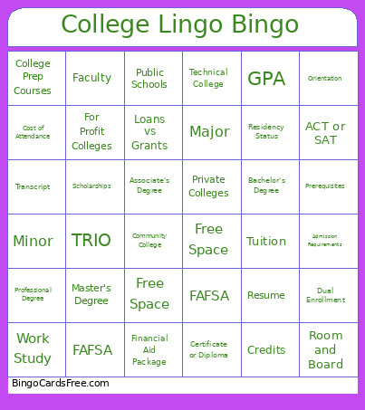 College Lingo Bingo Card