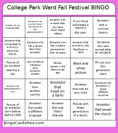 College Park Ward Fall Festival Bingo Card