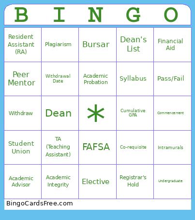 College Terms And Definitions Bingo Card