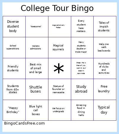College Tour Bingo 