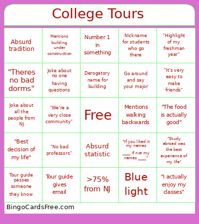 College Tours Bingo Card