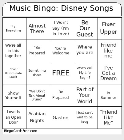 Collin Disney Music Bingo Card