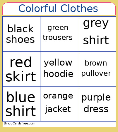 Colorful Clothes Bingo Card