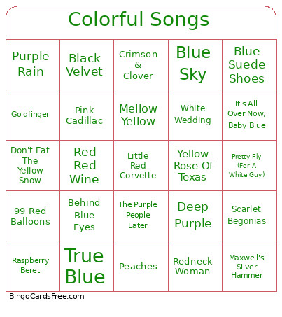 Colorful Songs Bingo Card