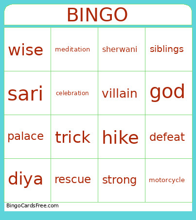 Colourful India Vocabulary WORDS Bingo Card