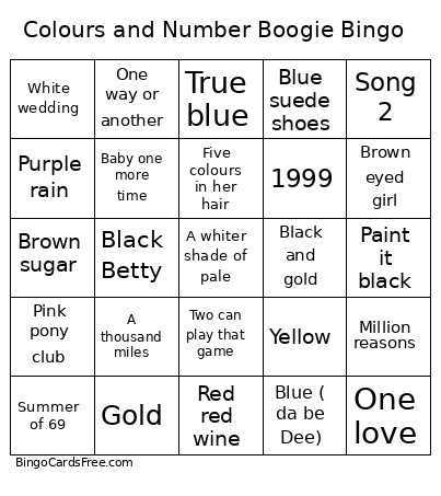 Colours And Number Boogie Bingo Card