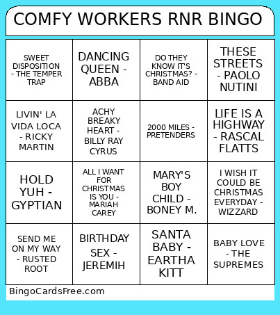 COMFY WORKERS RNR Bingo Card