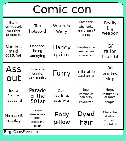 Comic Con Bingo Card