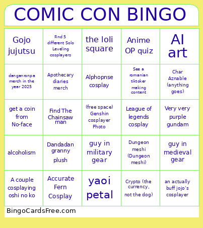 COMIC CON Bingo Card