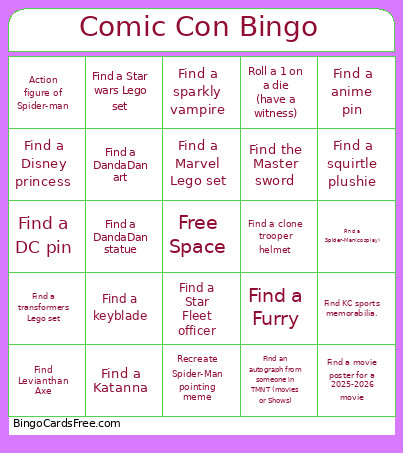 Comic Con Bingo Card