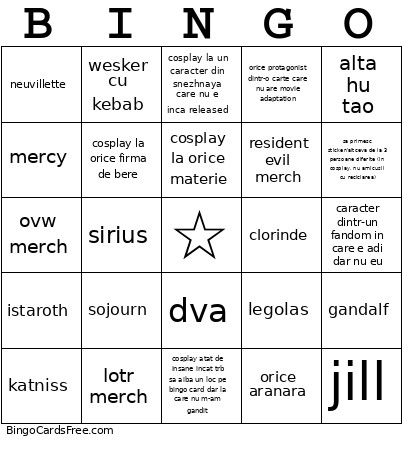 Comic Con Bingo Card