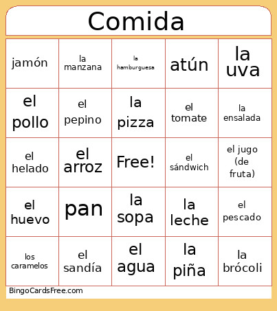 Comida Bingo Card