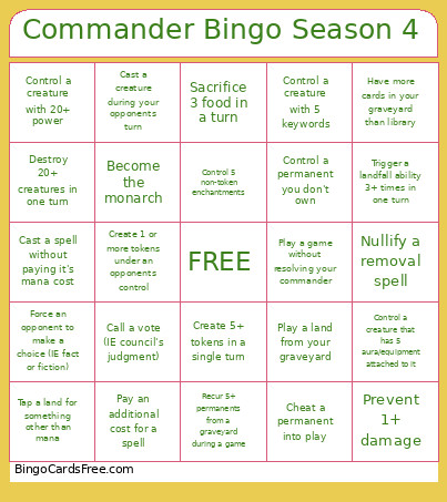 Commander Season 4 Bingo Card
