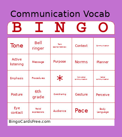 Communication Vocab Bingo Card