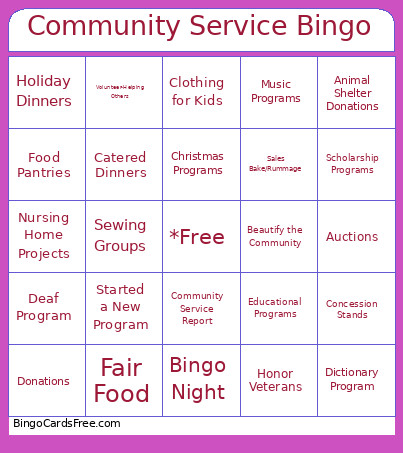 Community Service Bingo Card