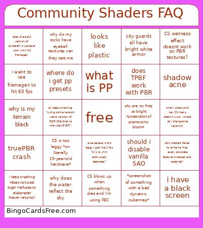 Community Shaders FAQ Bingo Card