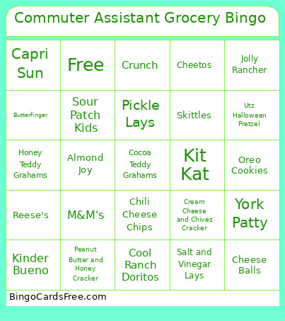 Commuter Assistant Grocery Bingo Card 2