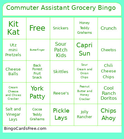 Commuter Assistant Grocery Bingo Card