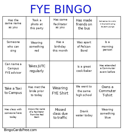 Commuter FYE Bingo Card