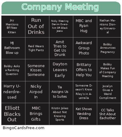 Company Meeting Bingo Cards Free Pdf Printable Game, Title: Company Meeting