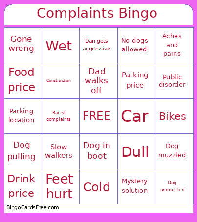 Complaints Bingo Card