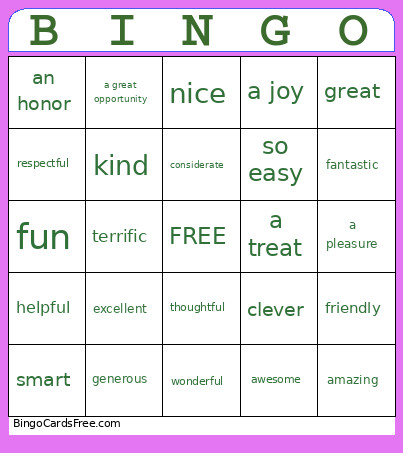 Compliment 2 Bingo Card