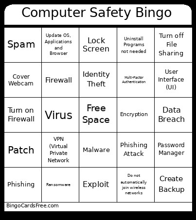 Computer Safety Bingo Card