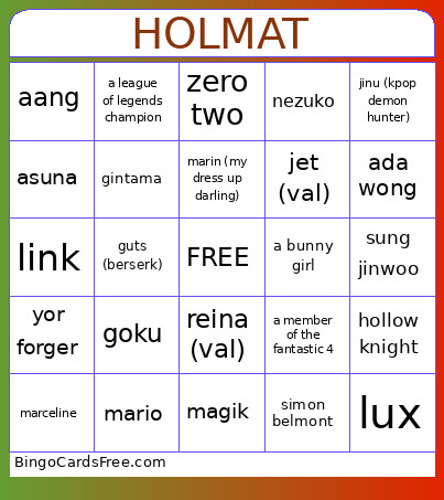 Con Cosplay Bingo Card