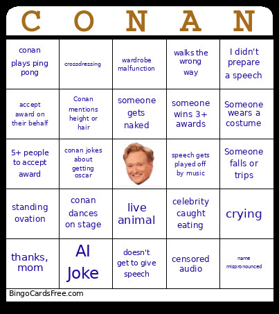 Conan Oscars 2026 Bingo Card