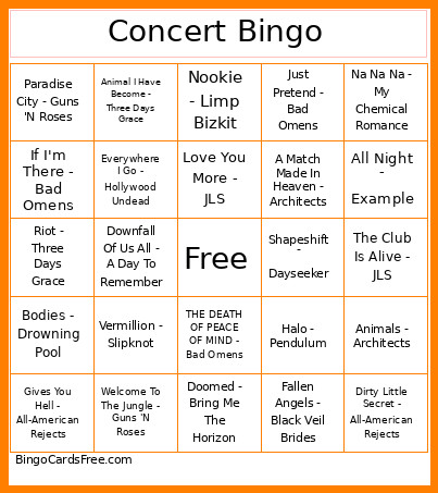 Concert Bingo Card