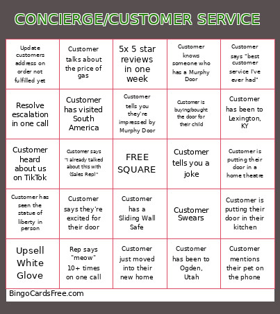 CONCIERGE/CUSTOMER SERVICE Bingo Card