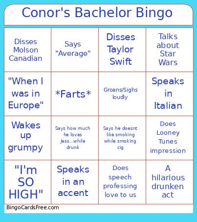 Conor's Bachelor Bingo Card