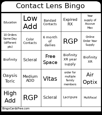 Contact Lens Bingo Card