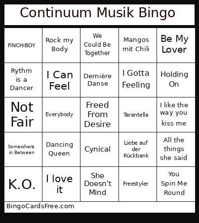 Continuum Musik Bingo Card