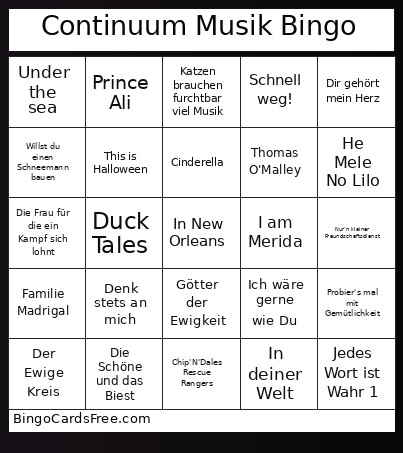 Continuum Musik Bingo Card