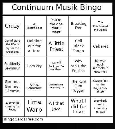 Continuum Musik Bingo Card