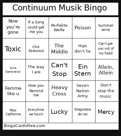 Continuum Musik Bingo Card