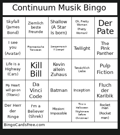 Continuum Musik Bingo Card