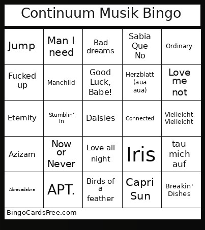 Continuum Musik Bingo Card