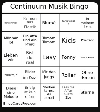 Continuum Musik Bingo Card